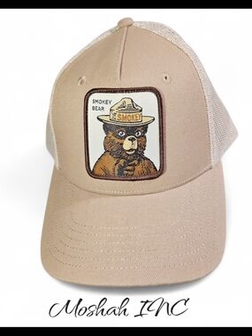 SMOKEY BEAR khaki Fabric Patch Mesh-Back Cap Hat Adjustable Snap Back